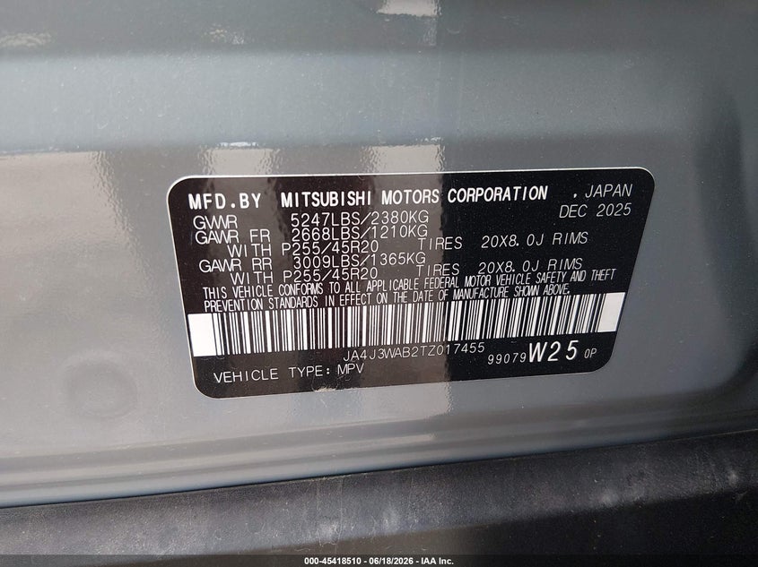 2026 Mitsubishi Outlander VIN JA4J3WAB2TZ017455 IAAI salvage auction — FRONT END, Salvage (Tennessee), sold $11,700 on 2026-07-31 (photo 9)