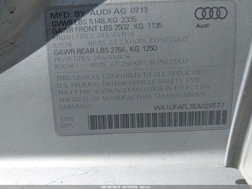 2014 Audi Allroad VIN WA1UFAFL3EA026577 IAAI salvage auction — NORMAL WEAR, Original (Maine), sold $550 on 2026-07-20 (photo 9)