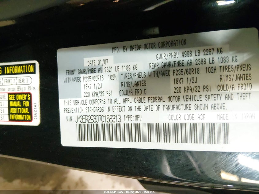 2007 Mazda Cx-7 VIN JM3ER293070158313 IAAI salvage auction — REAR END, Salvage (Idaho), sold $525 on 2026-07-10 (photo 9)