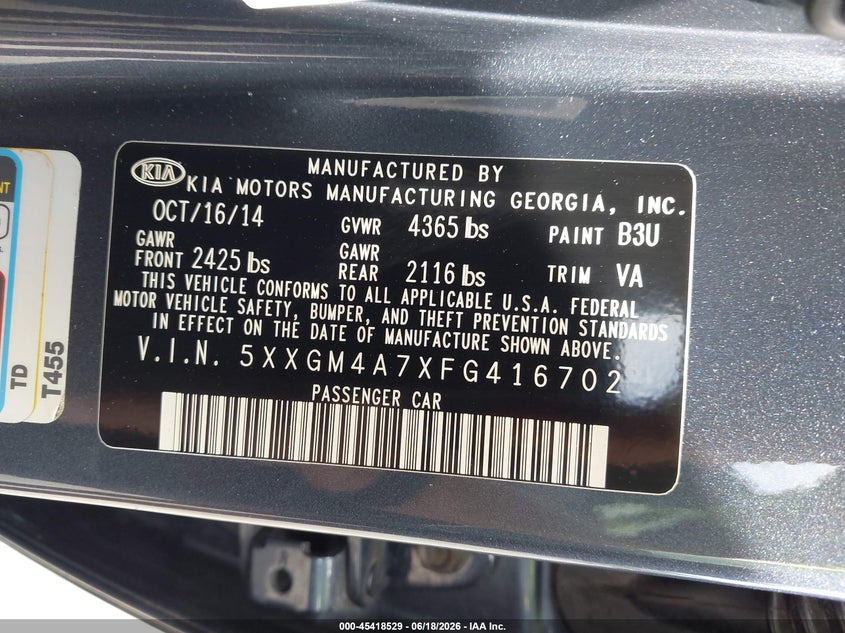 2015 Kia Optima VIN 5XXGM4A7XFG416702 IAAI salvage auction — FRONT END, Rebuildable (Florida), sold $425 on 2026-07-28 (photo 9)