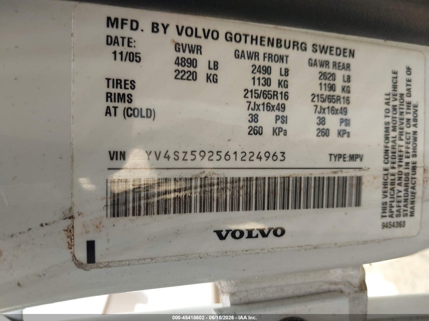 2006 Volvo Xc70 VIN YV4SZ592561224963 IAAI salvage auction — REAR END, Clear (Virginia), sold $275 on 2026-07-06 (photo 9)