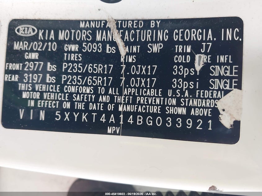2011 Kia Sorento VIN 5XYKT4A14BG033921 IAAI salvage auction — NORMAL WEAR, Clear (Massachusetts), sold $725 on 2026-07-17 (photo 9)
