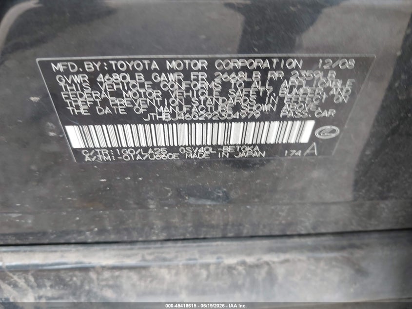 2009 Lexus Es 350 VIN JTHBJ46G292304979 IAAI salvage auction — LEFT REAR, Original (Texas), sold $1,150 on 2026-07-22 (photo 9)