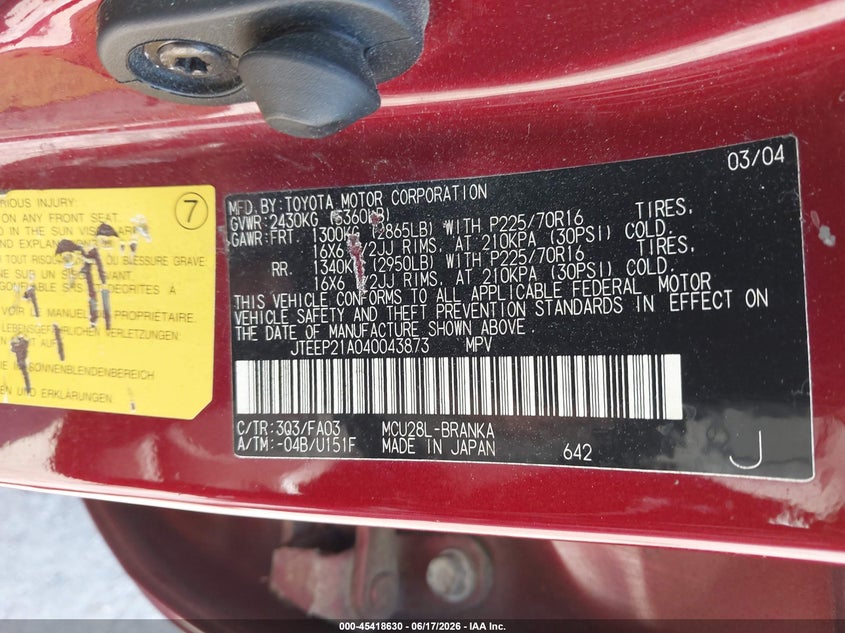 2004 Toyota Highlander VIN JTEEP21A040043873 IAAI salvage auction — NORMAL WEAR, Clear (Virginia), sold $200 on 2026-07-10 (photo 9)