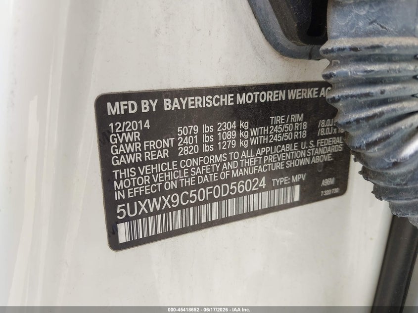 2015 BMW X3 VIN 5UXWX9C50F0D56024 IAAI salvage auction — FRONT END, Salvage (Missouri), sold $1,000 on 2026-07-29 (photo 9)