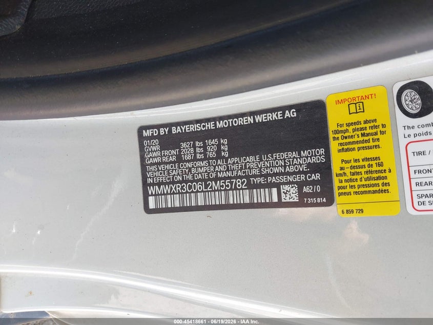 2020 Mini Hard top VIN WMWXR3C06L2M55782 IAAI salvage auction — LEFT FRONT, Original (Texas), sold $2,850 on 2026-07-24 (photo 9)