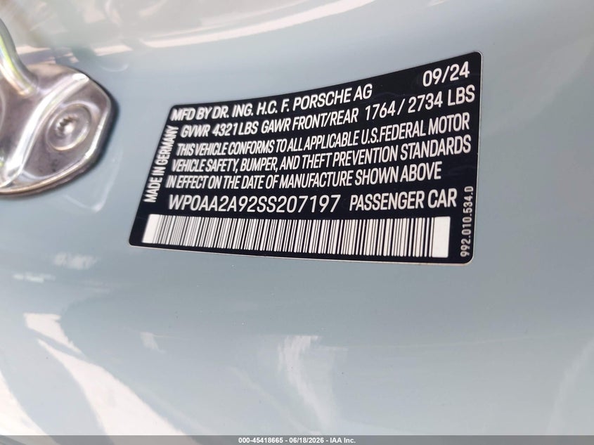 2025 Porsche 911 VIN WP0AA2A92SS207197 IAAI salvage auction — FRONT END, Salvage Title, sold $81,000 on 2026-08-31 (photo 9)