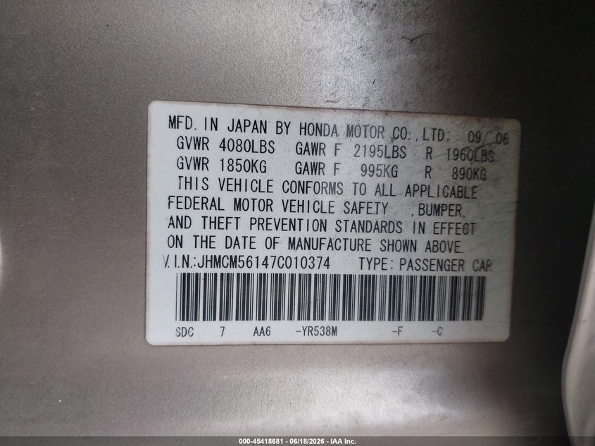 2007 Honda Accord VIN JHMCM56147C010374 IAAI salvage auction — RIGHT REAR, Salvage (Texas), sold $275 on 2026-07-09 (photo 9)