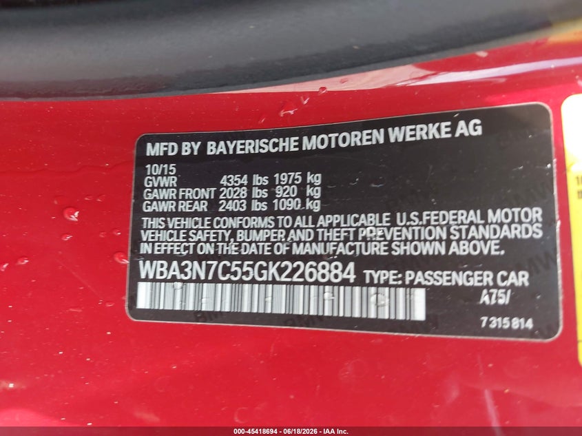 2016 BMW 4er VIN WBA3N7C55GK226884 IAAI salvage auction — FRONT END, Salvage (Georgia), sold $2,450 on 2026-07-20 (photo 9)