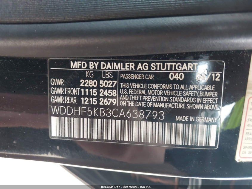 2012 Mercedes-benz E-class VIN WDDHF5KB3CA638793 IAAI salvage auction — NORMAL WEAR, Clear (New Jersey), sold $650 on 2026-07-15 (photo 9)