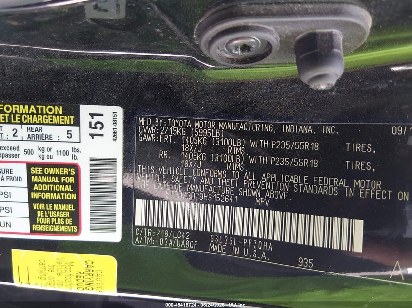 2017 Toyota Sienna VIN 5TDDZ3DC9HS152641 IAAI salvage auction — RIGHT FRONT, Salvage Title, sold $25 on 2026-07-23 (photo 9)