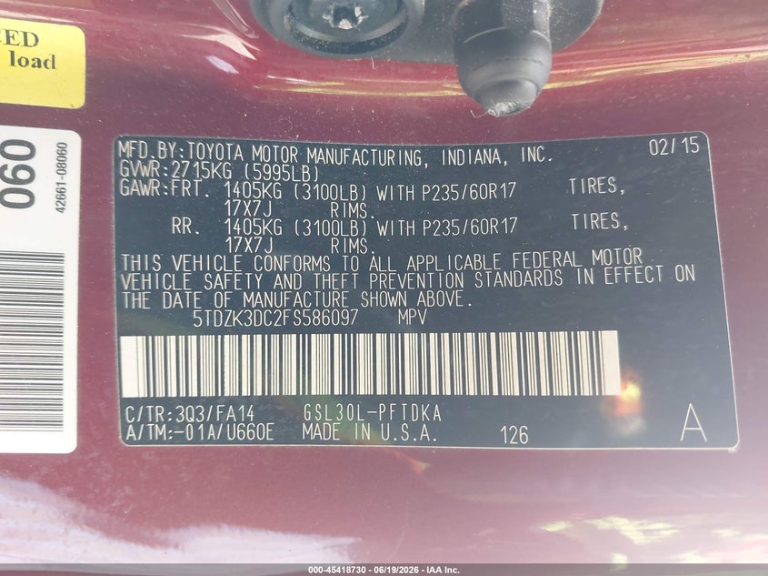 2015 Toyota Sienna VIN 5TDZK3DC2FS586097 IAAI salvage auction — FRONT END, Salvage (Texas), sold $1,250 on 2026-07-22 (photo 9)