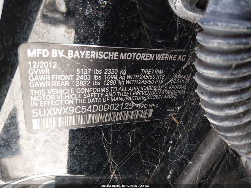 2013 BMW X3 VIN 5UXWX9C54D0D02125 IAAI salvage auction — NORMAL WEAR, Clear (Mississippi), sold $1,650 on 2026-07-06 (photo 9)