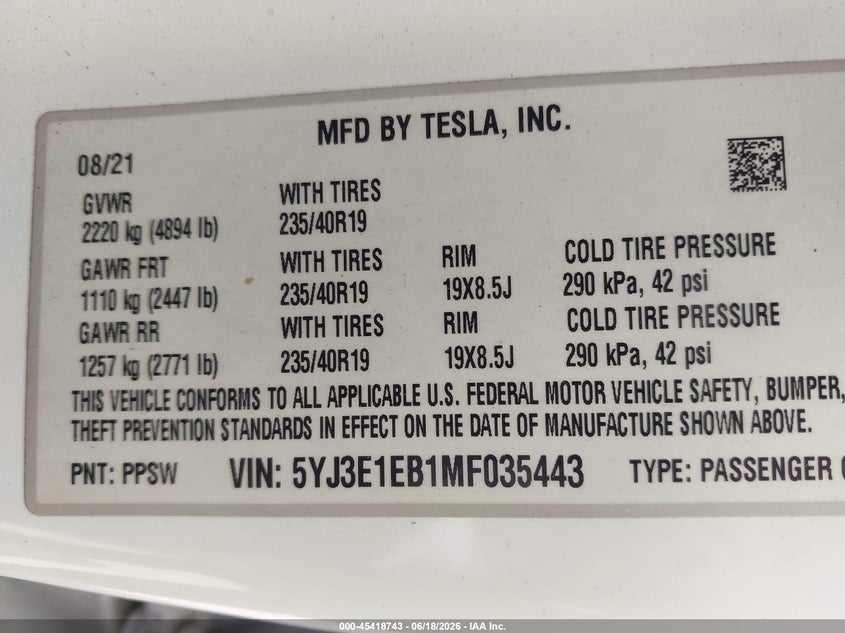 2021 Tesla Model 3 VIN 5YJ3E1EB1MF035443 IAAI salvage auction — LEFT FRONT, Salvage (North Carolina), sold $8,200 on 2026-07-23 (photo 9)