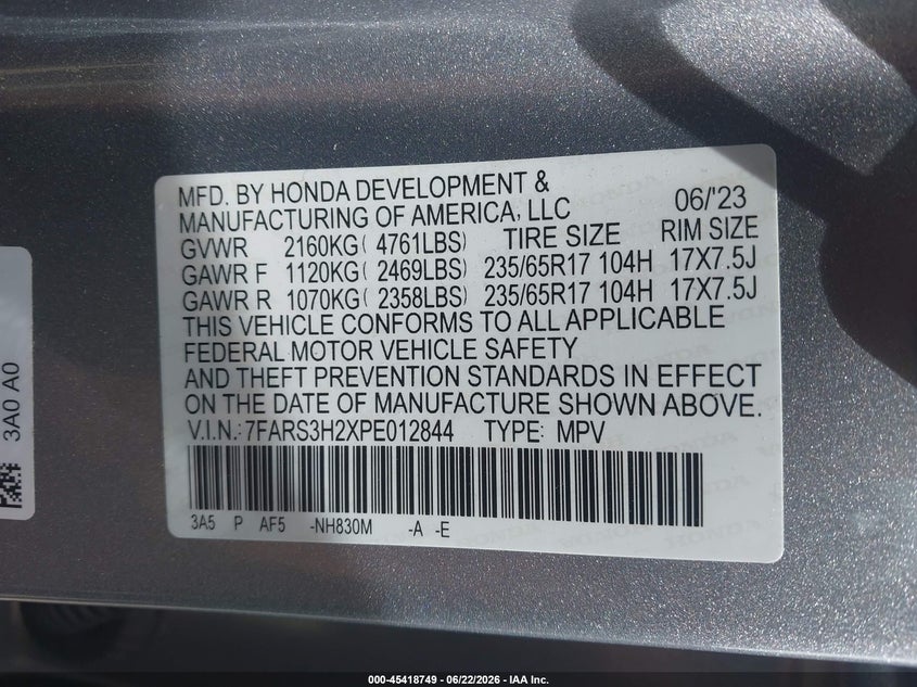 2023 Honda Cr-v VIN 7FARS3H2XPE012844 IAAI salvage auction — REAR END, Salvage (Arkansas), sold $8,200 on 2026-07-22 (photo 9)