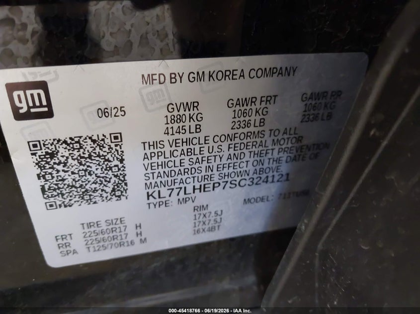 2025 Chevrolet Trax VIN KL77LHEP7SC324121 IAAI salvage auction — FRONT END, Salvage Title, sold $8,150 on 2026-08-25 (photo 9)
