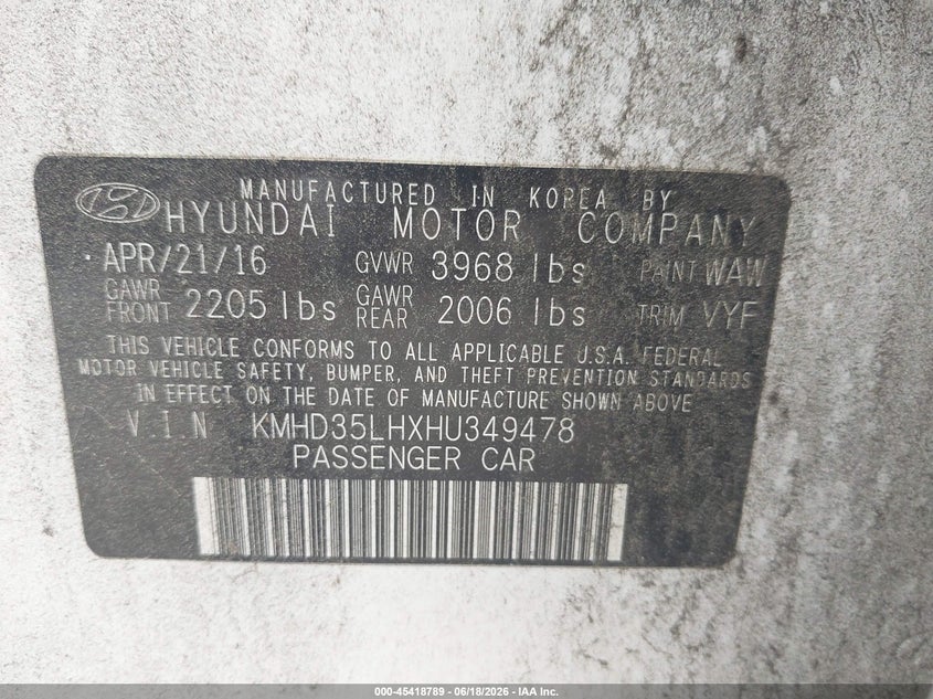2017 Hyundai Elantra VIN KMHD35LHXHU349478 IAAI salvage auction — REAR END, Salvage (Georgia), sold $25 on 2026-07-30 (photo 9)
