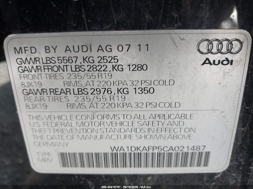 2012 Audi Q5 VIN WA1DKAFP5CA021487 IAAI salvage auction — SIDE, Salvage Title, sold $925 on 2026-07-30 (photo 9)