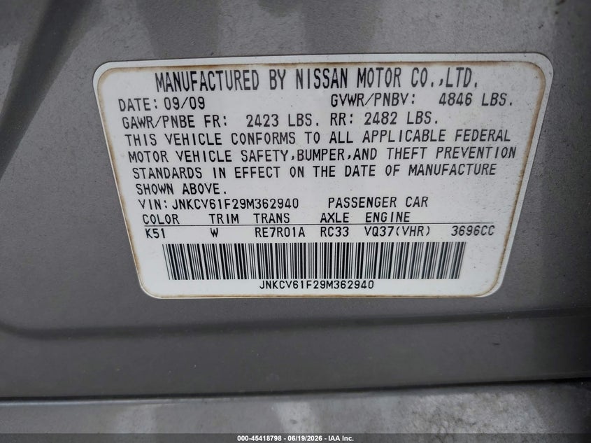 2009 Infiniti G37 VIN JNKCV61F29M362940 IAAI salvage auction — ENGINE DAMAGE, Clear (Florida), sold $250 on 2026-07-22 (photo 9)