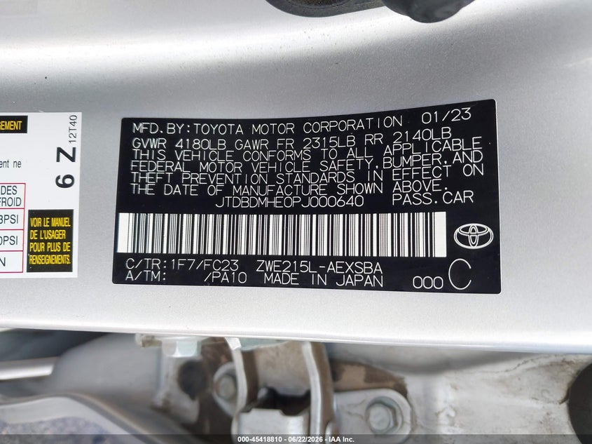 2023 Toyota Corolla VIN JTDBDMHE0PJ000640 IAAI salvage auction — HAIL, Salvage (Nebraska), sold $6,775 on 2026-07-30 (photo 9)