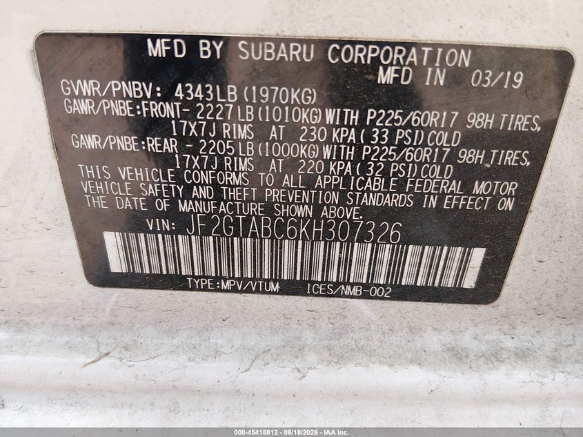 2019 Subaru Xv VIN JF2GTABC6KH307326 IAAI salvage auction — REAR END, Clear (Wisconsin), sold $2,200 on 2026-07-29 (photo 9)