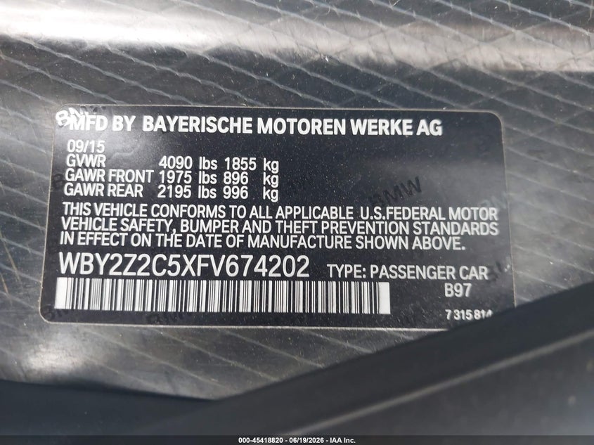 2015 BMW I8 VIN WBY2Z2C5XFV674202 IAAI salvage auction — LEFT SIDE, Salvage Title, sold $11,900 on 2026-07-22 (photo 9)