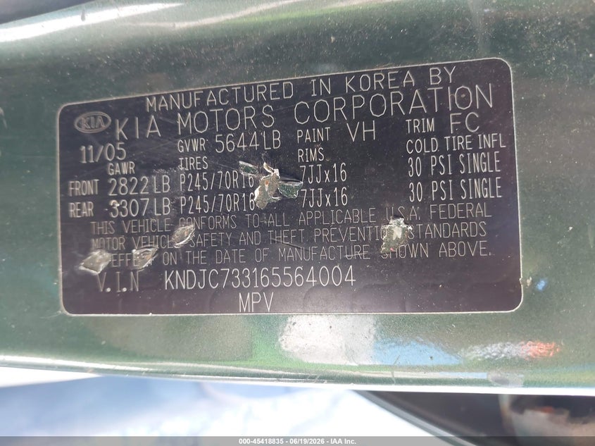 2006 Kia Sorento VIN KNDJC733165564004 IAAI salvage auction — RIGHT SIDE, Salvage (Illinois), sold $450 on 2026-07-29 (photo 9)