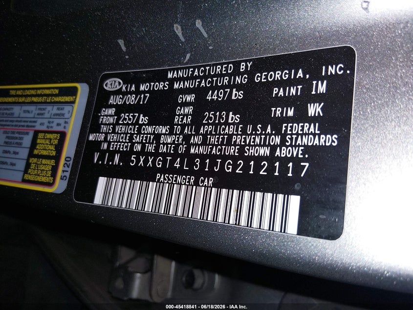 2018 Kia Optima VIN 5XXGT4L31JG212117 IAAI salvage auction — FRONT END, Salvage (Arizona), sold $2,350 on 2026-07-29 (photo 9)