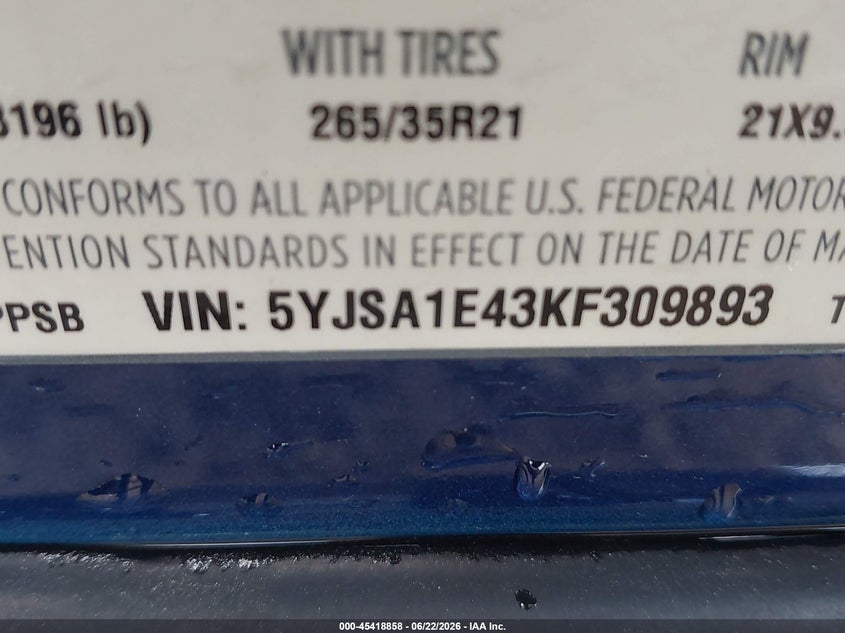 2019 Tesla Model s VIN 5YJSA1E43KF309893 IAAI salvage auction — FRONT END, Salvage (Virginia), sold $6,600 on 2026-07-16 (photo 9)
