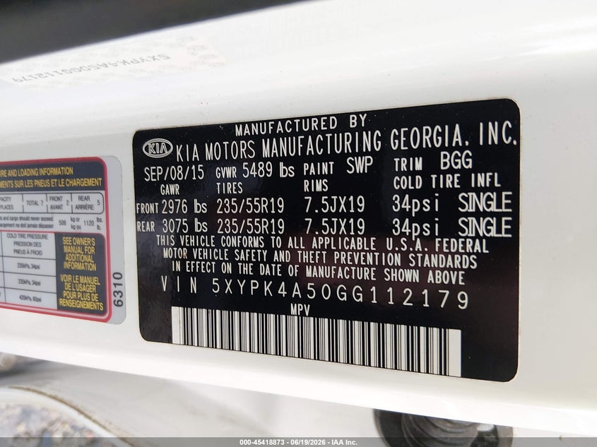 2016 Kia Sorento VIN 5XYPK4A50GG112179 IAAI salvage auction — RIGHT SIDE, Salvage (Georgia), sold $2,950 on 2026-07-23 (photo 9)