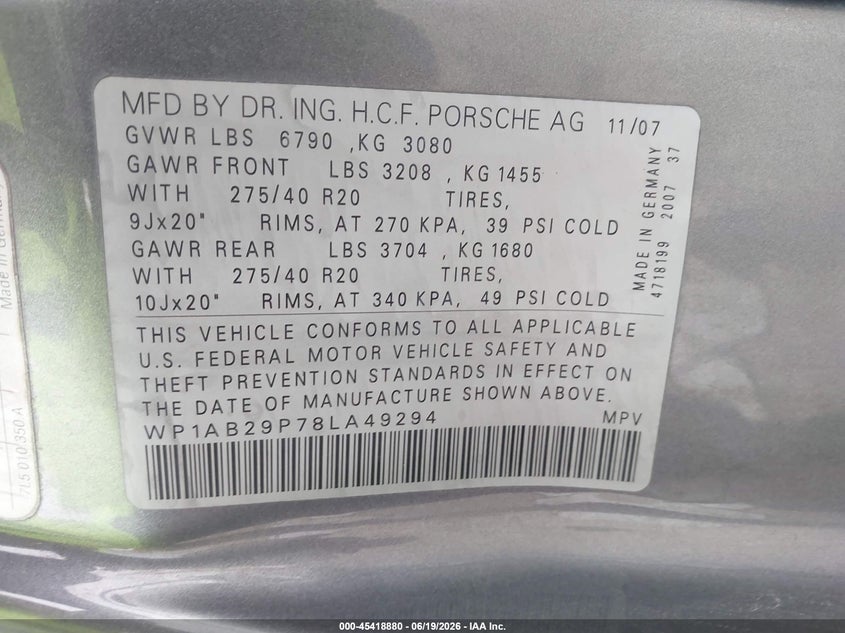 2008 Porsche Cayenne VIN WP1AB29P78LA49294 IAAI salvage auction — WATER/FLOOD, Salvage (Texas), sold $1,600 on 2026-07-10 (photo 9)