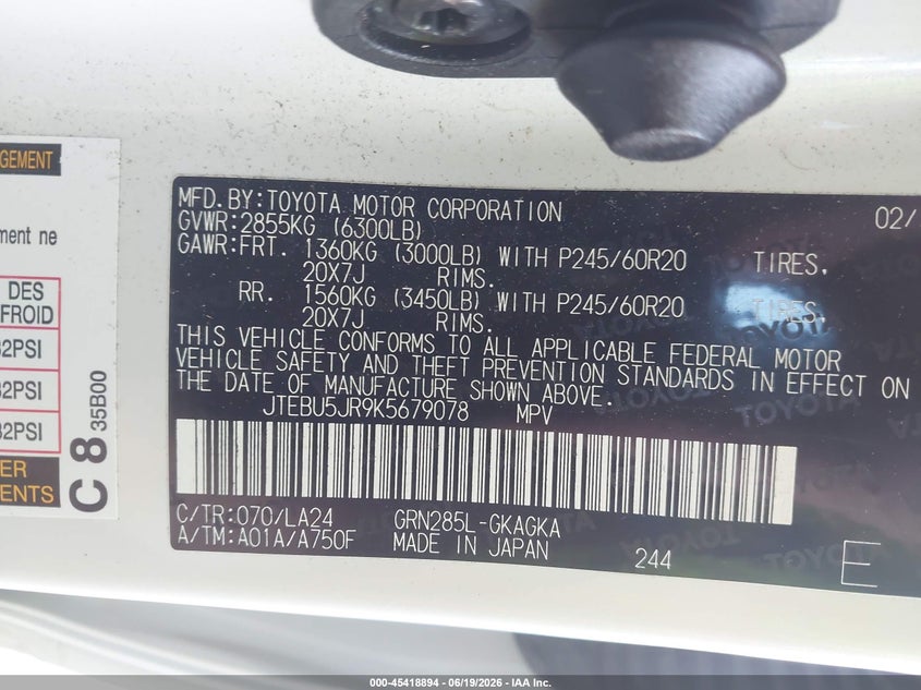 2019 Toyota 4runner VIN JTEBU5JR9K5679078 IAAI salvage auction — LEFT SIDE, Rebuildable (Florida), sold $22,275 on 2026-07-07 (photo 9)