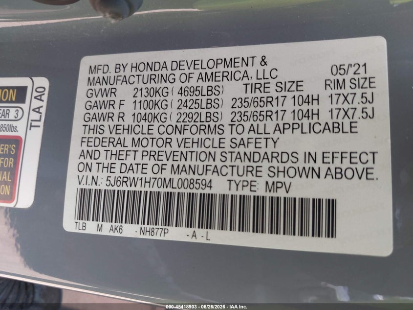 2021 Honda Cr-v VIN 5J6RW1H70ML008594 IAAI salvage auction — FRAME DAMAGE, Salvage (Virginia), sold $7,300 on 2026-07-25 (photo 9)