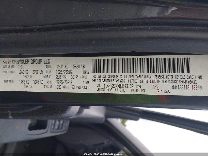 2011 Jeep Liberty VIN 1J4PN2GKXBW543157 IAAI salvage auction — FRONT END, Clear (Oregon), sold $825 on 2026-07-09 (photo 9)