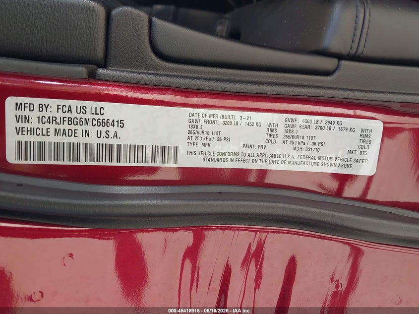 2021 Jeep Grand cherokee VIN 1C4RJFBG6MC666415 IAAI salvage auction — LEFT FRONT, Bill Of Sale (Washington), sold $4,250 on 2026-07-09 (photo 9)