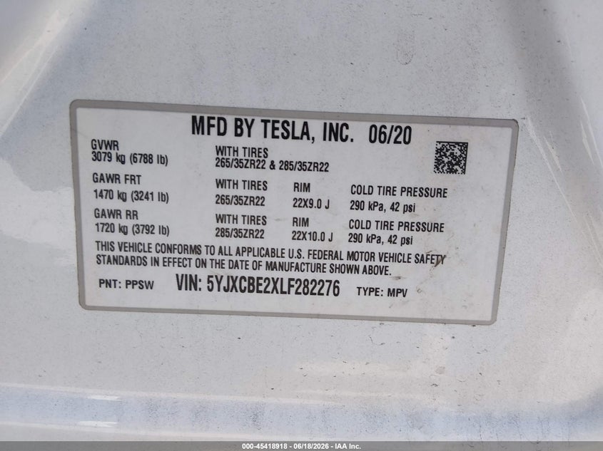 2020 Tesla Model x VIN 5YJXCBE2XLF282276 IAAI salvage auction — FRONT END, Salvage Title, sold $12,200 on 2026-08-20 (photo 8)