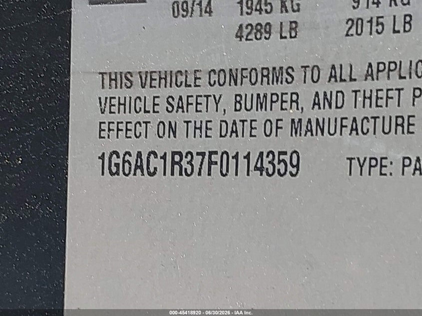 2015 Cadillac Ats VIN 1G6AC1R37F0114359 IAAI salvage auction — LEFT FRONT, Original (Texas), sold $7,600 on 2026-08-11 (photo 9)