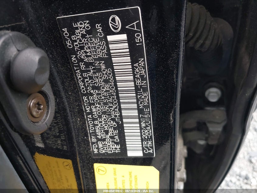 2004 Lexus Es 330 VIN JTHBA30G445046605 IAAI salvage auction — NORMAL WEAR, Salvage (South Carolina), sold $575 on 2026-07-07 (photo 9)