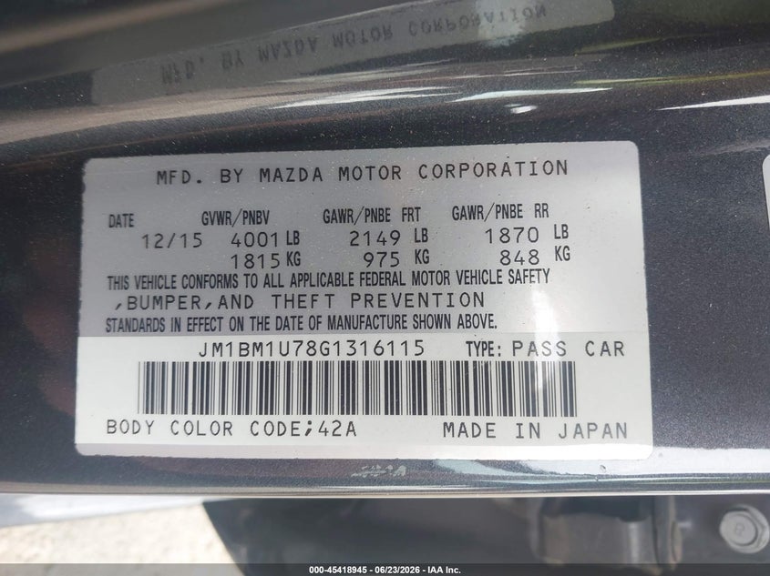 2016 Mazda 3 VIN JM1BM1U78G1316115 IAAI salvage auction — FRONT END, Salvage (Texas), sold $2,675 on 2026-07-24 (photo 9)