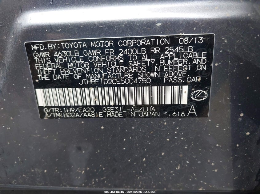 2014 Lexus Is VIN JTHBE1D20E5004750 IAAI salvage auction — LEFT SIDE, Salvage (Missouri), sold $4,400 on 2026-07-19 (photo 9)