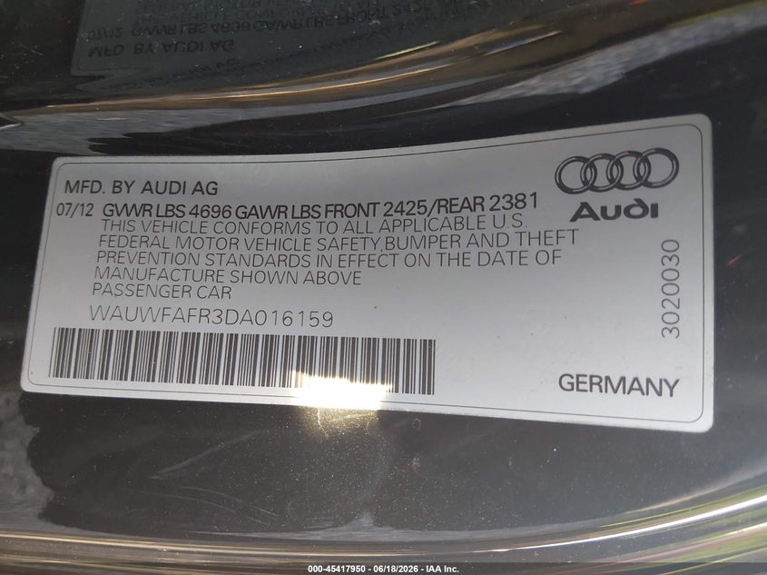 2013 Audi A5 VIN WAUWFAFR3DA016159 IAAI salvage auction — FRONT END, Bill Of Sale (Washington), sold $1,300 on 2026-07-22 (photo 9)
