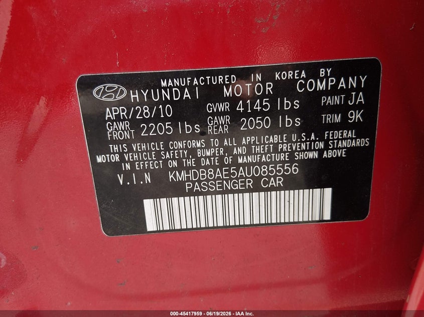 2010 Hyundai Elantra VIN KMHDB8AE5AU085556 IAAI salvage auction — NORMAL WEAR, Clear (Massachusetts), sold $425 on 2026-07-10 (photo 9)