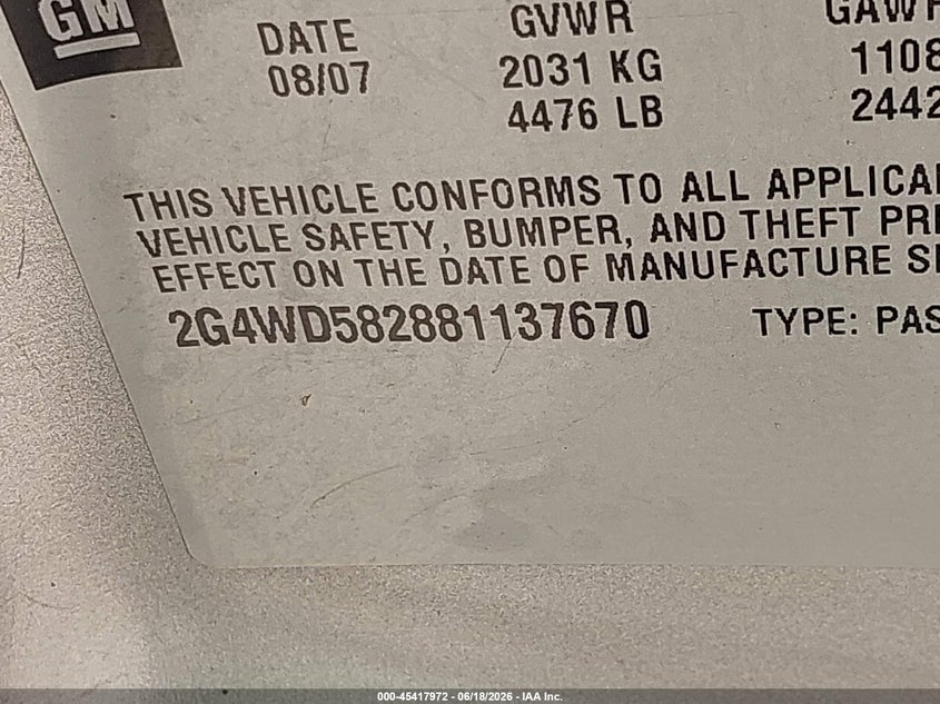 2008 Buick Lacrosse VIN 2G4WD582881137670 IAAI salvage auction — FRONT END, Salvage (Texas), sold $300 on 2026-07-10 (photo 9)