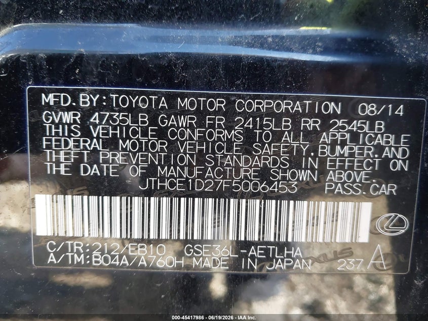 2015 Lexus Is VIN JTHCE1D27F5006453 IAAI salvage auction — REAR END, Salvage Title, sold $7,000 on 2026-07-23 (photo 9)