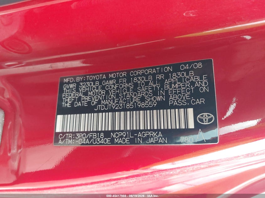 2008 Toyota Yaris VIN JTDJT923185198559 IAAI salvage auction — NORMAL WEAR, Original (Texas), sold $425 on 2026-07-30 (photo 9)