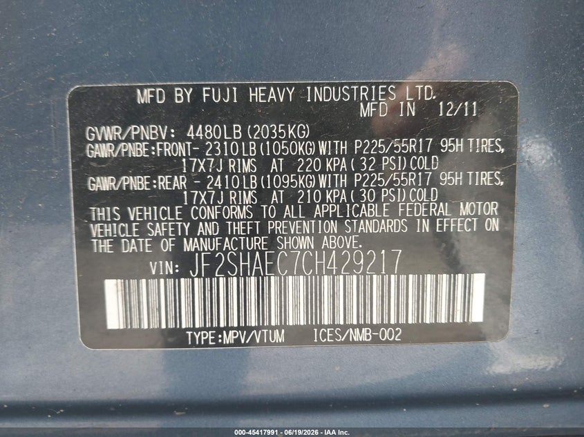 2012 Subaru Forester VIN JF2SHAEC7CH429217 IAAI salvage auction — LEFT REAR, Clear (Massachusetts), sold $800 on 2026-07-14 (photo 9)