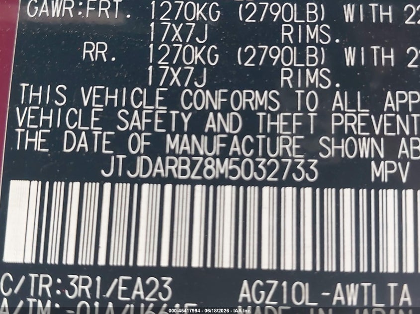 2021 Lexus Nx VIN JTJDARBZ8M5032733 IAAI salvage auction — LEFT & RIGHT, Salvage Title, sold $2,300 on 2026-07-14 (photo 9)