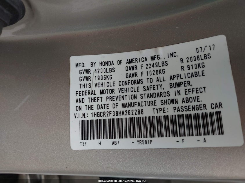 2017 Honda Accord VIN 1HGCR2F38HA262288 IAAI salvage auction — RIGHT SIDE, Rebuildable (Florida), sold $2,675 on 2026-07-24 (photo 9)