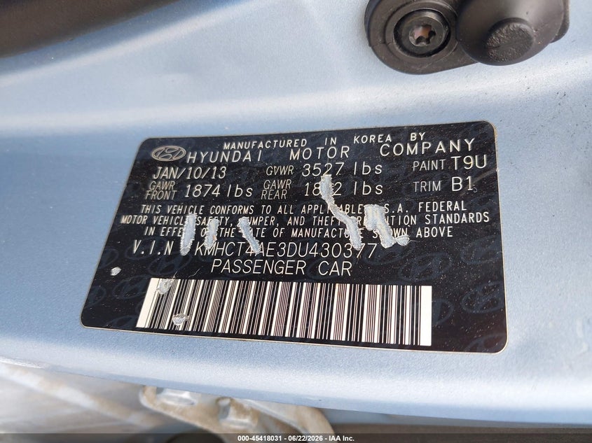 2013 Hyundai Accent VIN KMHCT4AE3DU430377 IAAI salvage auction — RIGHT SIDE, Salvage (Pennsylvania), sold $725 on 2026-07-07 (photo 9)