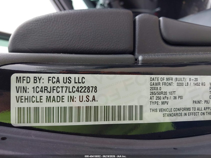 2020 Jeep Grand cherokee VIN 1C4RJFCT7LC422878 IAAI salvage auction — RIGHT SIDE, Original (Texas), sold $11,100 on 2026-08-01 (photo 9)